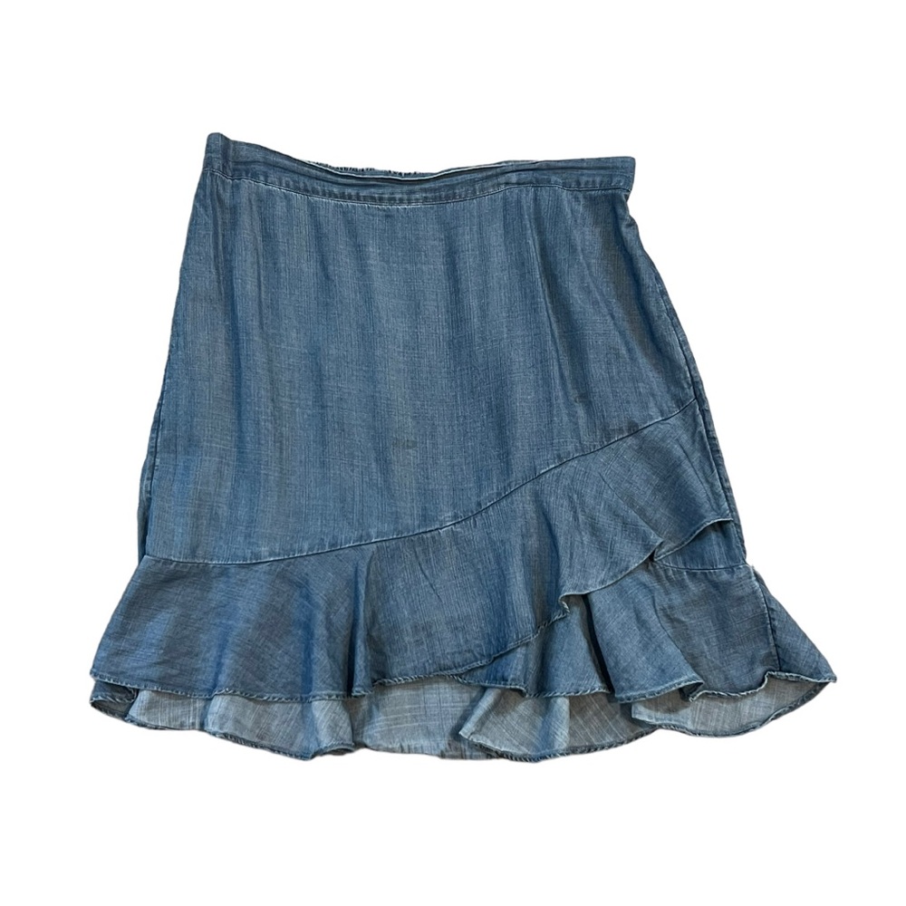 LOFT Blue Wrap Mini Skirt with Ruffled Asymmetrical Design